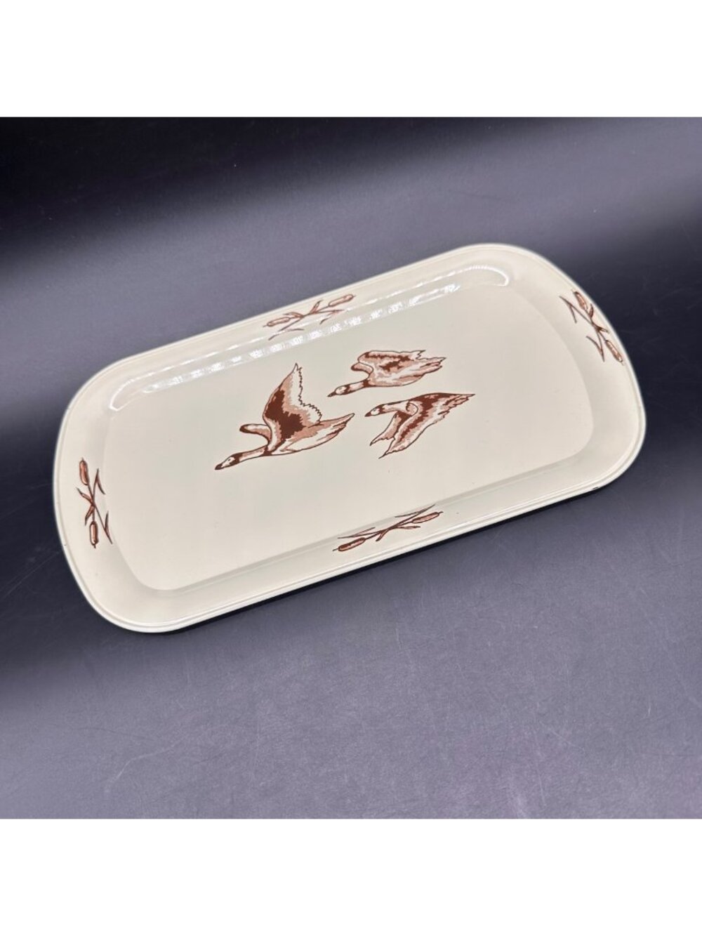 Vintage Metal Tray Flying Geese Die Draulic Advertising Brown Cream Ducks Cabin